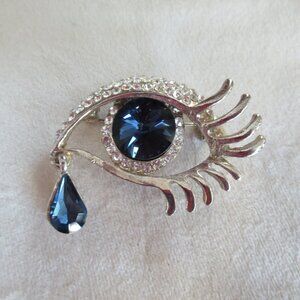 Eye Tear Brooch Fashion Jewelry Elegant Crystals Blue and White, Silver Plated